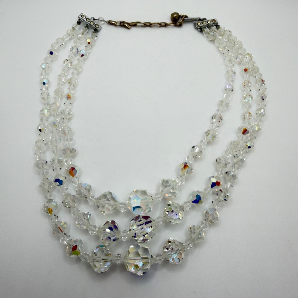 up to 16" VTG Japan Three Strand Graduated Aurora Borealis Crystal Necklace!